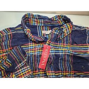 Merona Mens Plaid Flannel Long Sleeve Button Up Shirt XXL Navy Blue Red Yellow